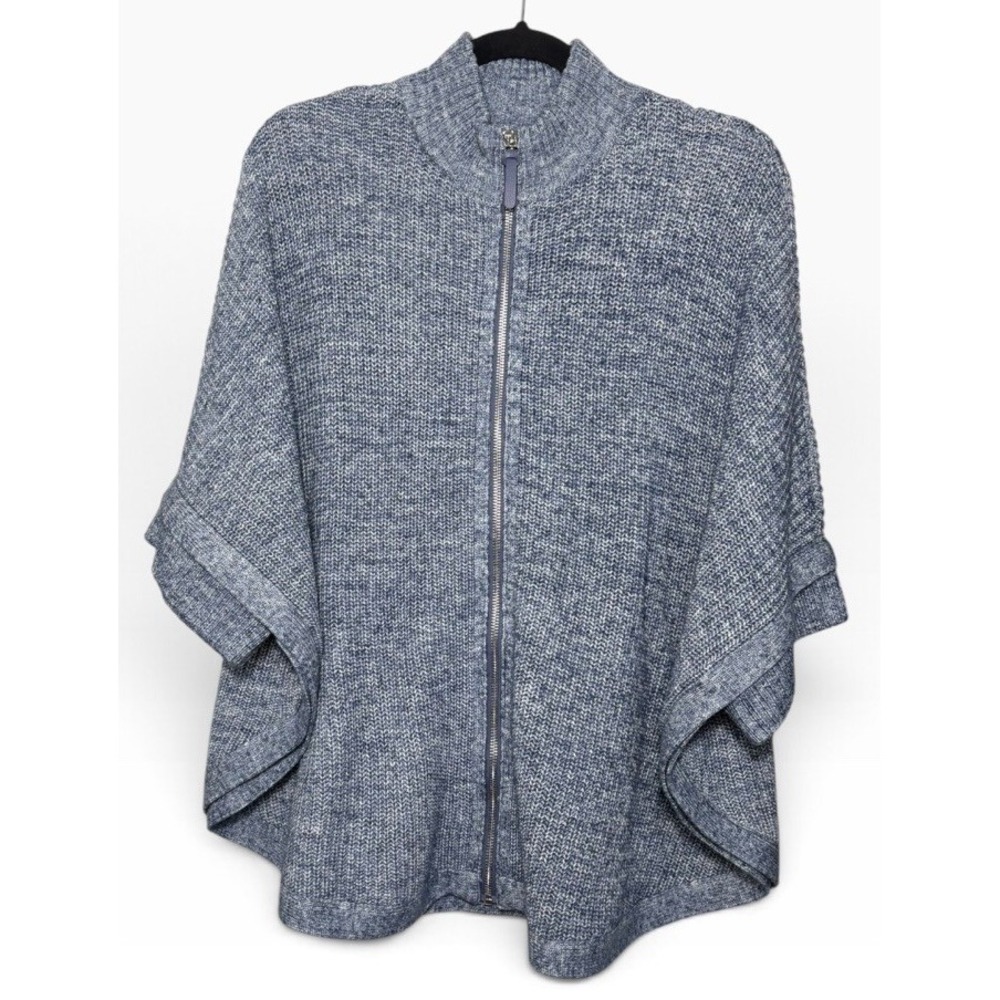 Chico's Womens Blue Marled Knit Zip Front Poncho Cape Cardigan One Size